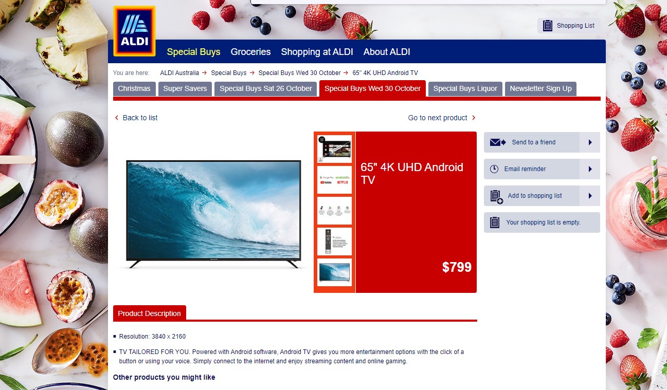 Wednesday's Aldi Special Buy is a 65" 4K HDR Android TV for just A799.